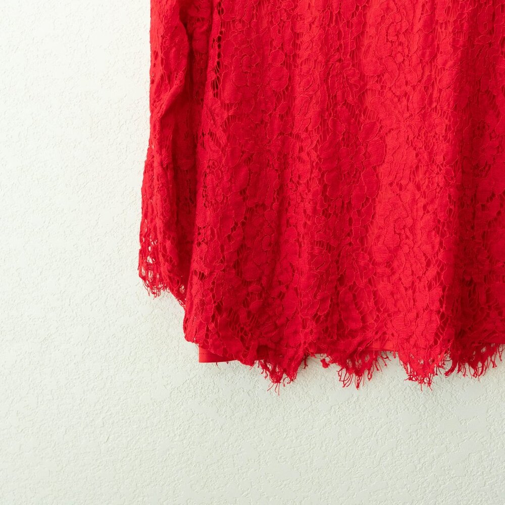 Zac & Rachel Red Lace Top Large V Neck Floral Lace Blouse Lined 3/4 Sleeve - Picture 12 of 13
